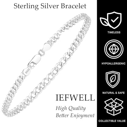IEFWELL S925 Sterling Silver 14K Real Gold Plated Bracelet Hypoallergenic 4mm Diamond Cut Cuban Link 6.5 7 7.5 8 8.5 9 Inches for Men Women Jewelry Gifts