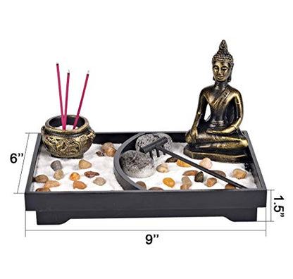 Royal Brands Zen Garden with Buddha, Rake, Rock Candle, and Incense Holder – Peace and Tranquility (9"x6"x7")