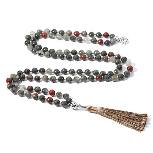 108 Mala Beads Semi-Precious Gem Stones Meditation Necklace with Tree of Life Pendant