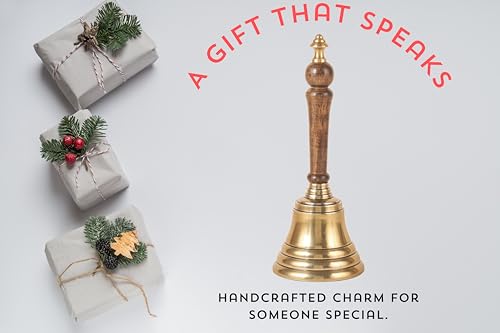Hand Bell with Antique Brass Finish and Wooden Handle – Perfect for Weddings, Schools, Games, Reception Desks, Religious Ceremonies & Events – 3” Diameter, 8” Height