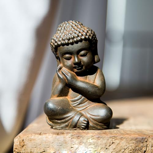 Mini Meditation Buddha Ornament, Solid Cast Iron Figurine, Outdoor Garden Decor Sculpture, Feng Shui Artwork for Home Living Room (Natural Rust,3)