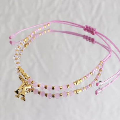 Pink Gold Beaded Natural Stone Initial Bracelets for Women Teen, Boho Handmade Personalized Gemstone Beads Letter Name Braided Rope Adjustable Bracelet Beach Bohemian Jewelry Gift - color: M