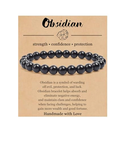 BOMAIL Natural Stone Bracelet for Women Men - 8MM Semi-Precious Gemstone Beaded Bracelet Healing Crystal Stretch Bracelet Yoga Bracelets Jewelry - color: Obsidian