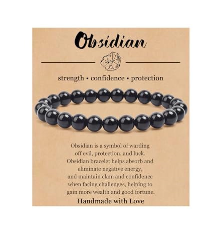 BOMAIL Natural Stone Bracelet for Women Men - 8MM Semi-Precious Gemstone Beaded Bracelet Healing Crystal Stretch Bracelet Yoga Bracelets Jewelry - color: Obsidian