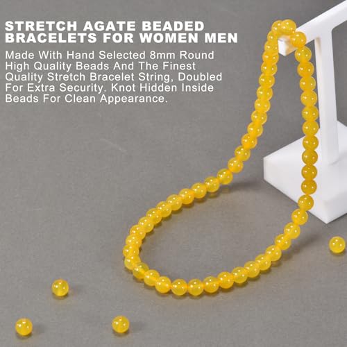 14in Agate Wrap Bracelet for Women Men Natural Round Beaded Agates Stone Healing Stretch Bracelets Elastic Handmade Polished Gemstone Beads Bracelet - color: Yellow Agate, size: 8mm Beads