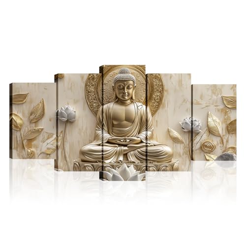 Buddha Canvas Wall Art 5 Piece Zen Wall Decor Buddhism Meditation Picture Flower Leaf Prints for Spiritual Room Living Room Home Decor Framed(Picture-2,10x16inx2 10x20inx2 10x24inx1) - color: Picture-2, size: 50x24 inch