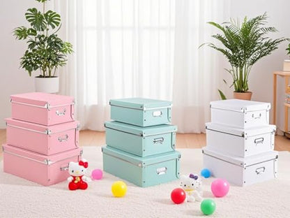 XUCHUN File Storage Boxes, Foldable Storage Bins with Lid 3 in 1 Set, Press-Stud Fastening, Moisture-Proof, Space Saving Storage, Photoes, Files, Closets - color: Pink