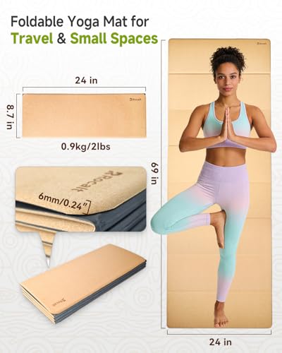 Rocalt Foldable Cork Yoga Mat for Travel, Non Slip Lightweight Yoga Mat with Carry Strap, Eco-Friendly Portable Workout Mat for Pilates, Hot Yoga, Stretching & Home Gym