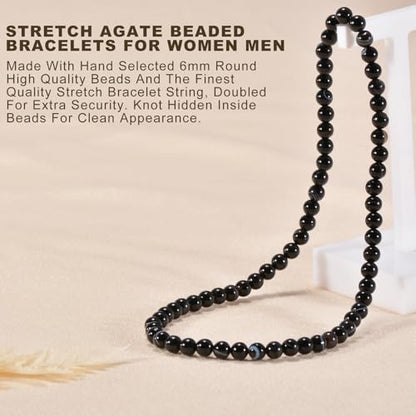 14in Agate Wrap Bracelet for Women Men Natural Round Beaded Agates Stone Healing Stretch Bracelets Elastic Handmade Polished Gemstone Beads Bracelet - color: Black White Agate, size: 6mm Beads