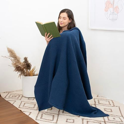Throw Blanket for Couch, 100% Cotton Soft Lightweight Breathable Summer Blanket Throws, Waffle Weave Throw Size Bed Blanket: Blue (50"x60") - color: Blue, size: Throw (50" x 60")