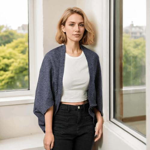 WaJuemy Shrug Sweater Shawl Wraps for Women Soft Cashmere Ponchos Sweater Cardigan Casual Open Front Top Cape Shawls - color: 10 Navy