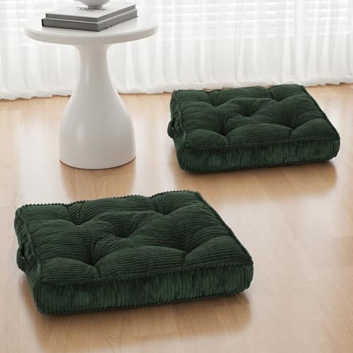 Meditation Floor Cushion Set of 2, 22x22 Tufted Floor Pillow for Adults, Square Large Meditation Cushion Pillow, Green Corduroy Sitting Pillow with Handle, Yoga Seating for Tatami - color: Green, size: 22x22x4 inch