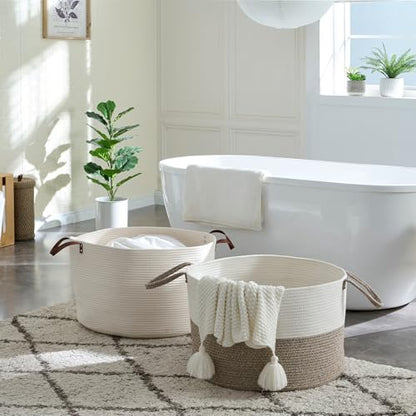 Extra Large Nursery Storage Basket, 22 x 22 x 14 inches - 100% Cotton Rope Baskets with Handles, Laundry Basket for Toys, Blankets & Pillows - Off White with Leather Handles