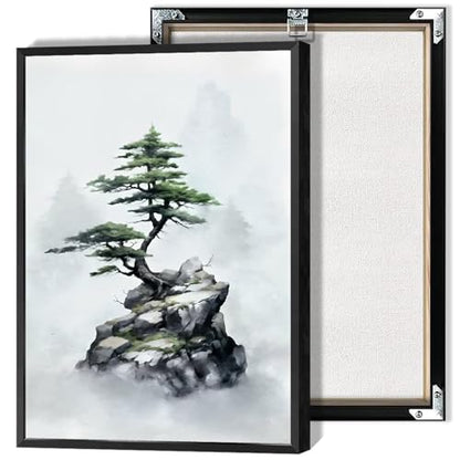 Japan Zen Canvas Wall Art Misty Pine Tree Meditation Poster Japanese Mountain Top Bonsai Peaceful Aesthetic Prints Painting For Spa Yoga Bedroom Wall Decor 12x16in Unframed
