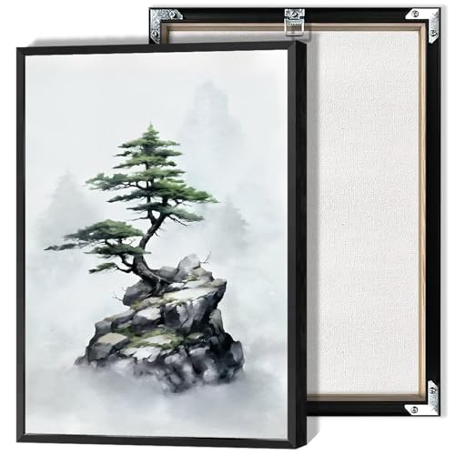 Japan Zen Canvas Wall Art Misty Pine Tree Meditation Poster Japanese Mountain Top Bonsai Peaceful Aesthetic Prints Painting For Spa Yoga Bedroom Wall Decor 12x16in Unframed
