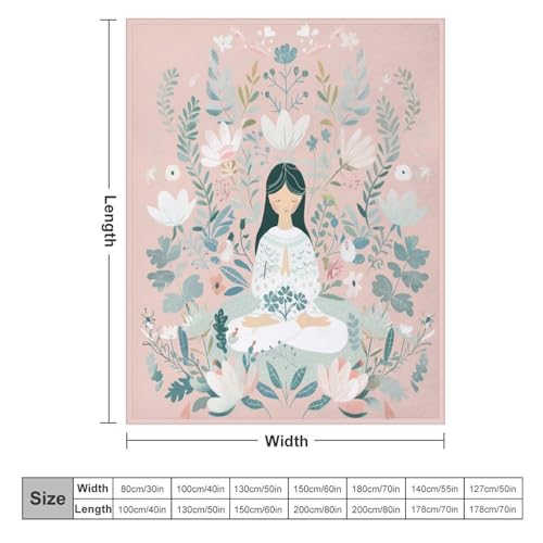 Cartoon Meditation Woman Throw Blanket, Soft Cozy Warm Flannel Cute Lotus Flower Botanical Blanket for Couch Sofa Bed, 50"x60" - color: Cartoon Meditation Woman, size: 50"x60"