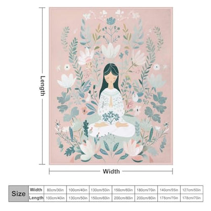 Cartoon Meditation Woman Throw Blanket, Soft Cozy Warm Flannel Cute Lotus Flower Botanical Blanket for Couch Sofa Bed, 50"x60" - color: Cartoon Meditation Woman, size: 50"x60"