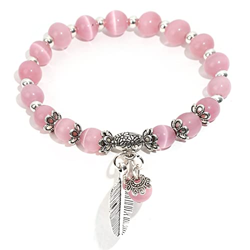 Natural Stretch Gemstone Bracelet Healing Stone Beaded Bracelets for Women Men Gifts (Unisex) - color: 8mm pink