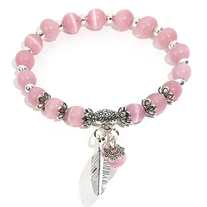 Natural Stretch Gemstone Bracelet Healing Stone Beaded Bracelets for Women Men Gifts (Unisex) - color: 8mm pink
