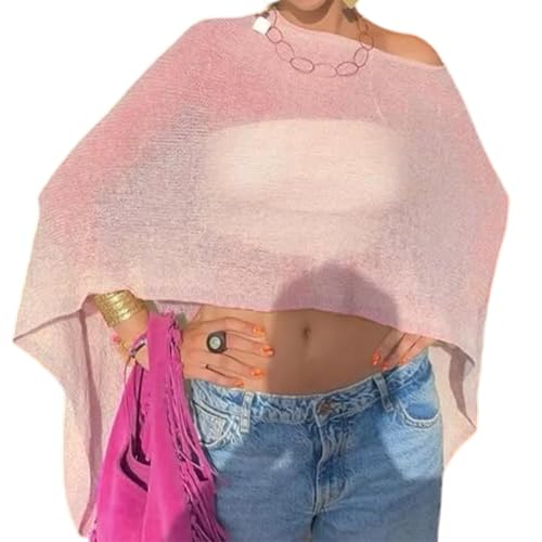 Women Sheer Poncho Top Knit Crochet Lightweight See Through Shawl Summer Shrug Beach Cover Up - color: A1 Pink