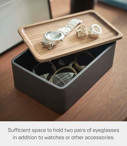 YAMAZAKI Home Rin Accessory Box With Wooden Lid For Jewelry, Watches, Or Sunglasses - Polystone - color: Walnut