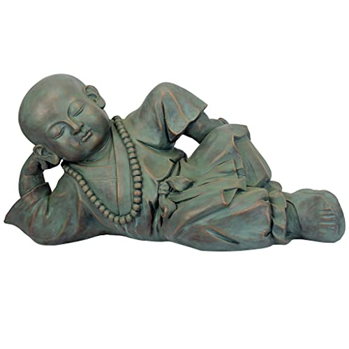 Design Toscano Resting Serene Baby Monk Asian Boy Garden Statue, 24 inches Wide, 12 inches Tall, Cast Stone Resin, Green Bronze Finish
