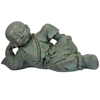 Design Toscano Resting Serene Baby Monk Asian Boy Garden Statue, 24 inches Wide, 12 inches Tall, Cast Stone Resin, Green Bronze Finish