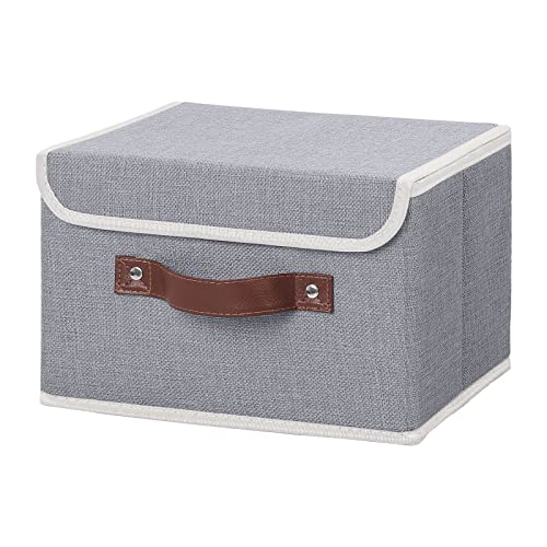 ANMINY Storage Bin with Lid Storage Boxes with PU Leather Handles PP Plastic Board Decorative Foldable Lidded Cotton Linen Fabric Home Cubes Baskets Closet Organizer Container - Gray, Small Size - color: Gray, size: Small (Pack of 1)