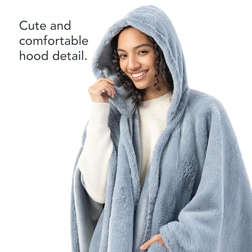 Berkshire Faux Fur Wearable Blanket, Cozy Reversible Loftmink Fleece Shawl with Hood & Side Pockets - color: Polar Blue