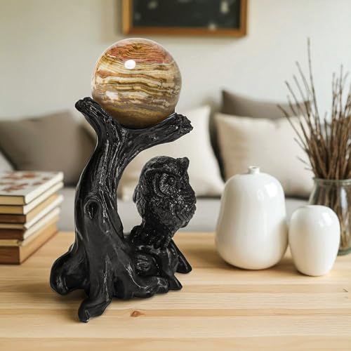 Owl Sphere Holder Crystal Stand Ball Resin Display – 4.92''x4.06'' Natural Quartz Wood Base Figurine, Stable Desktop Decoration for Bedroom, Office, Living Room, Study – Crystal Ball Decor Gift