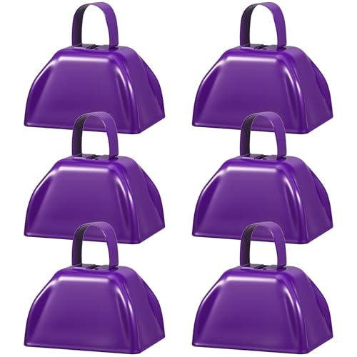 6 Pcs 3 Inch Metal Cowbells Noise Maker Hand Percussion Cow Bells with Handles for Sporting Events Cheering Noisemakers Weddings Team Spirit Sports Party Favors (Purple) - color: Purple