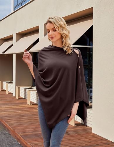 PULI Women's Versatile Knitted Shawls Scarf Poncho Sweater with Buttons Lightweight Spring Summer Fall Wraps - color: A-chocolate Brown