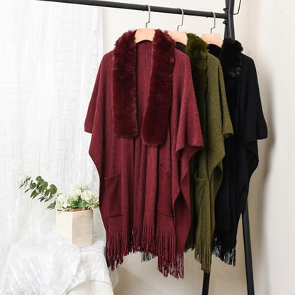 Ferand Shawl Wraps for Women, Cozy Lightweight Poncho Cape with Pockets, Warm for Fall Winter Travel - color: Dark Red With Faux Fur Collar