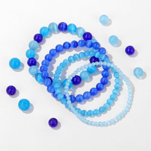 4pcs Beaded Bracelets for Women,Natural Healing Crystal Gemstones Bracelet,Anxiety Stress Relief Bracelet Handmade purple Jewelry Gifts for Women - color: Light blue cat eyes&Blue cat eyes&Dark blue cat eyes