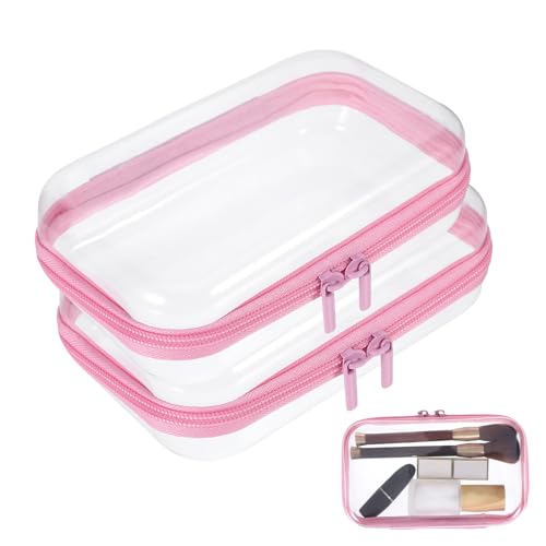 2Pcs Pink Frame Hard Shell Zipper Case, Travel Organizer with Clear Zipper Pouches Hard Shell Design, Multipurpose Clear Makeup Bag for Snacks, Toiletries Stationery Doll Storage (7.9x3.9 Inch)