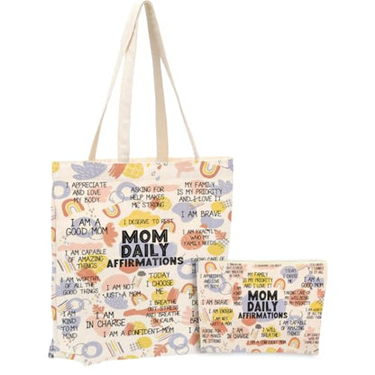 Daily Affirmations for Women, 2PCS Cosmetic Bag Canvas Tote Bag Beach Bags with Pocket Makeup Bags Mom Gifts Mental Health Gifts Inspirational Gift for Women Mother Mama Daughter Birthday Mothers Day - color: Mom Affirmations 0937