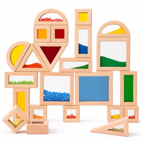 23 PCS Rainbow Sensory Wooden Building Blocks for Toddlers, Colorful Geometric Stacking Toys with Beads, Sand & Mirror Blocks, Montessori STEM Learning Toy Gift for Kids