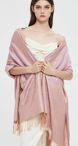 Pashmina Shawl Wrap with Ethnic Paisley Two Tone Jacquard Scarf for Women - color: Paisley-pink