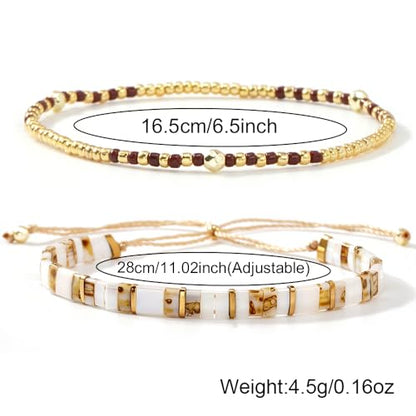 Tila Flat Beaded Stretch Bracelets for Women Stackable Gold Colorful Seed Beads Boho Bracelet Stack Adjustable Rope String Friendship Jewelry Trendy Holiday Gift - color: gold and white
