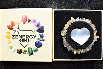 Zenergy Gems Charged Premium Natural Crystal Chip Bead Bracelet + Moroccan Selenite Charging Crystal [Included] - color: Golden Rutile Quartz