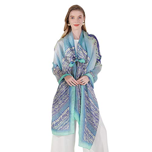 DANA XU Women's 100% Mulberry Silk Pashmina Shawl and Wraps Extra Large Floral Scarf for Evening Dresses, Soft Oversized - color: 44 Blue