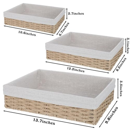 3 Pack Small Wicker Baskets for Organizing,Paper Rope Storage Basket，Desk Basket With Liner,Hand Towel Baskets, Baskets for Drawer Organizing, Toilet Tank Basket