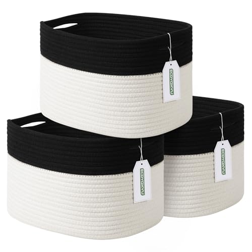 ECDYQXVU Cotton Rope Storage Basket, 15x10x9 Inches, Woven Basket for Shelves, Clothes, Towels, Books, and Laundry, Black/ White (3 Pack) - color: Black/ White, size: 3 Pack