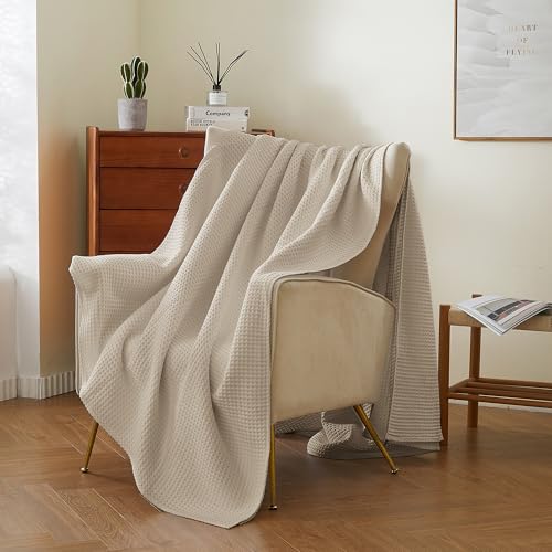 100% Cotton Waffle Blanket (Khaki - Throw Size - 50 * 60''), Pre-Washed and Anti-Shrinkage Soft Lightweight Bed & Couch Blanket, 380 GSM Waffle Weave Throw Blanket for All Seasons - color: Khaki, size: Throw (50"*60")
