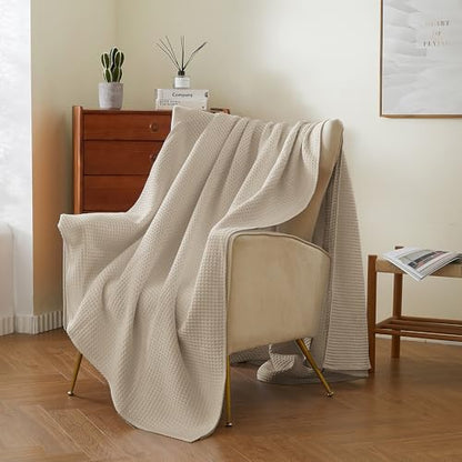 100% Cotton Waffle Blanket (Khaki - Throw Size - 50 * 60''), Pre-Washed and Anti-Shrinkage Soft Lightweight Bed & Couch Blanket, 380 GSM Waffle Weave Throw Blanket for All Seasons - color: Khaki, size: Throw (50"*60")