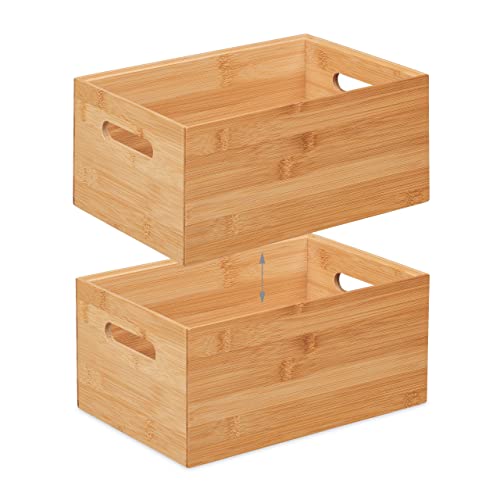 Relaxdays Storage Box, Stackable, Handles, H x W x D: 14 x 30 x 20 cm, Bamboo, Natural