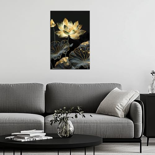 Lotus Wall Art Zen Floral Picture Decor Lotus Flower Leaf Painting Prints Modern Meditation Canvas Poster for Bathroom Yoga Spa Room Bedroom Office Home Decor Framed(Flo-02,12"x18")
