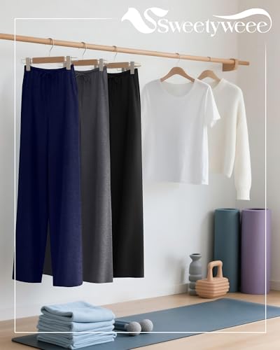 3 Pack Women's Lounge Pants Cozy Wide Leg Yoga Pants Casual Drawstring Loose Baggy Sweatpants with Pockets - color: Black, Dark Gray, Dark Blue, size: Large