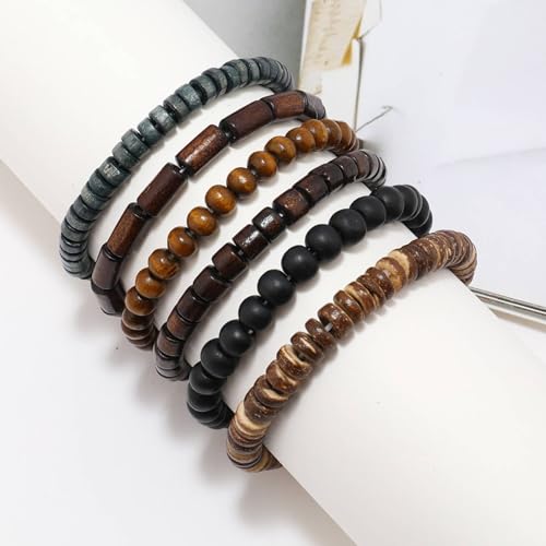 MILAKOO Mens Beaded Bracelets Tribal Wooden Elastic Adjustable Prayer Beads Wrap Cuff for Women - color: A: 6pcs