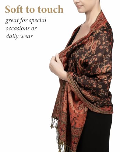 Achillea Reversible Paisley Pashmina Rave Scarf – Exotic Indian Shawls and Wraps for Evening Dresses, Festivals, All Seasons - color: Black Red